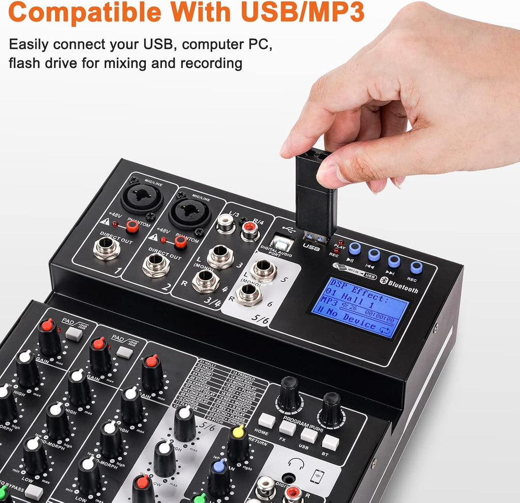 6 Channel Sound Mixer with USB MP3 Wireless Input 48V Phantom Power C7342