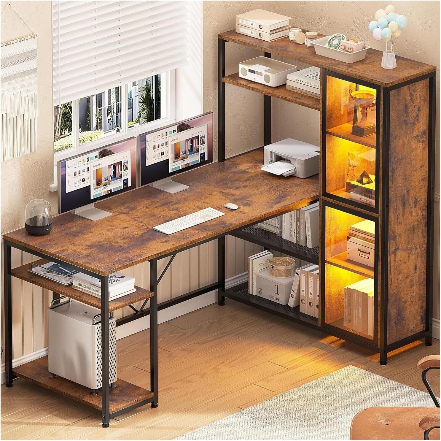 Rustic Brown L Shaped Desk with Storage Shelves 59”L x 31.5”W x 50.7”H I605