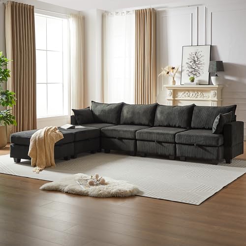 Oversized Modular Storage Sectional Sofa Soft Corduroy Upholstered Deep Seat Convertible Sleeper Couch Bed with 2 Pillows P36530