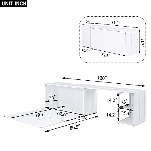 White Wood Queen Size Murphy Bed with Desk D7306