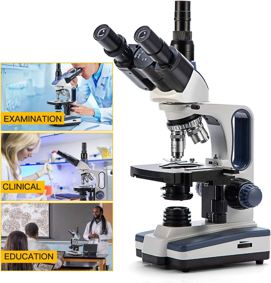 Trinocular Compound Microscope, 40X-2500X Magnification, Siedentopf Head, Two-Layer Mechanical Stage, 1.3mp Camera K626
