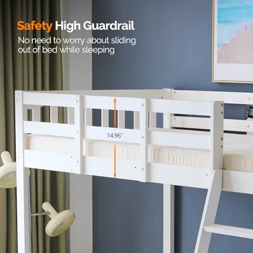 Twin Loft Bed with L-Shaped Desk and 3 Storage Drawers, Solid Wood, White K93929