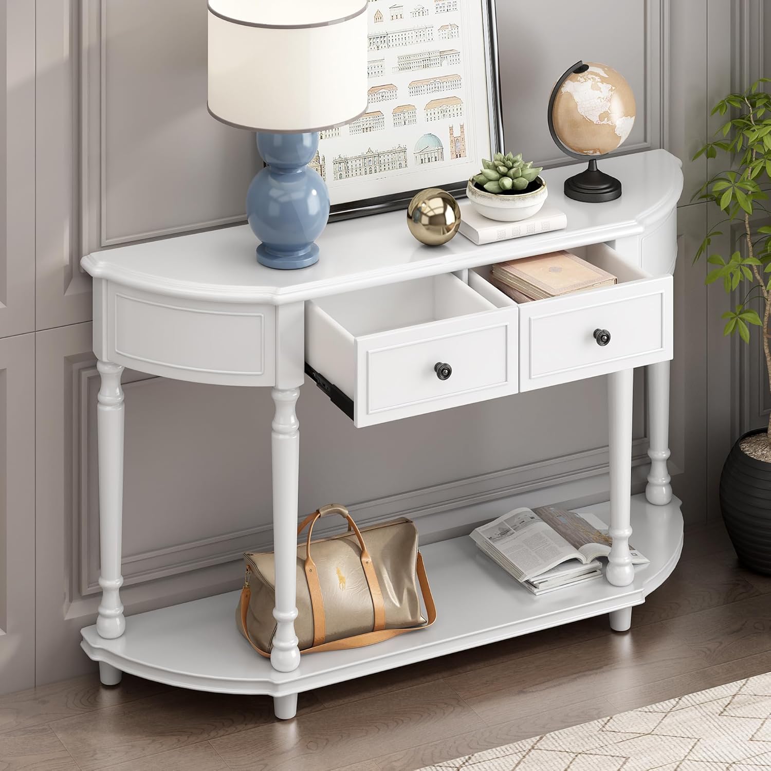 White Solid Wood Storage Cabinet with 2 Drawers and Open Shelf I683378