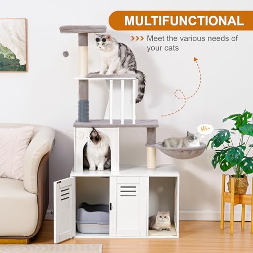 White 58.66’’ Wood Cat Tree with Litter Box Enclosure I809