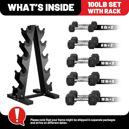 60-550lb Rubber Coated Hex Dumbbell Set with Rack Y455694