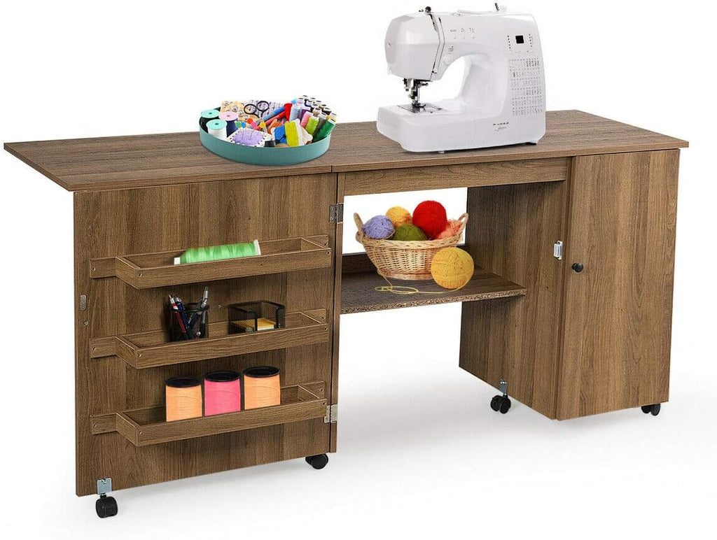 Folding Sewing Craft Table with Storage Cabinet and Wheels Natural O121