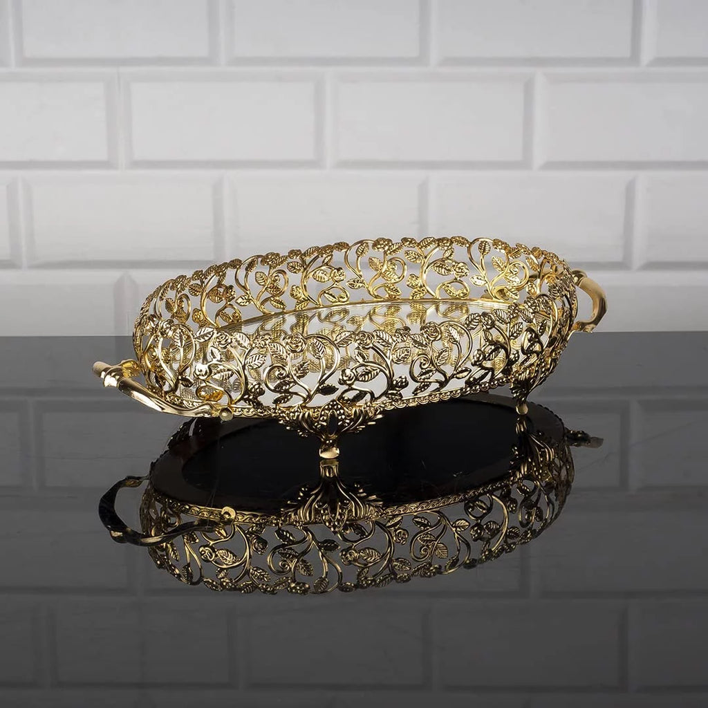 Metal Handmade Filigree Mirrored Tray, 17.3" x 10.2", Gold D33056