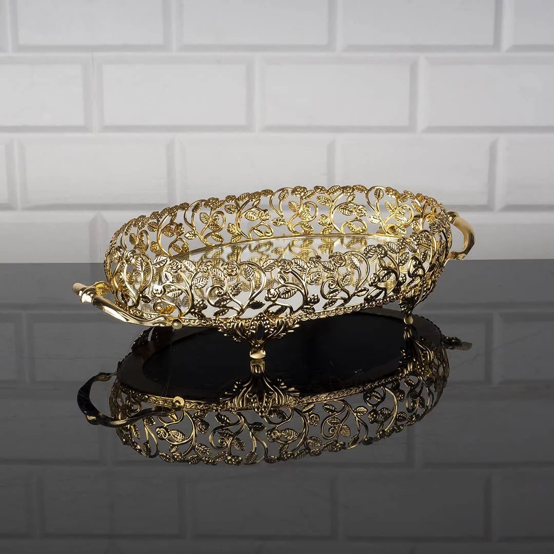 Metal Handmade Filigree Mirrored Tray, 17.3" x 10.2", Gold D33056