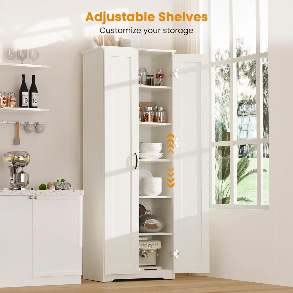 White Tall Storage Pantry Cabinet with 2 Doors and 6 Adjustable Shelves W154534