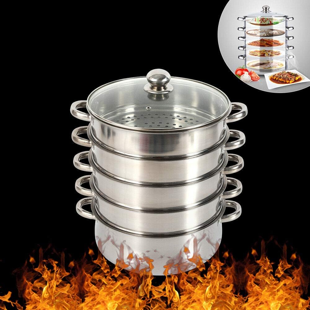 5 Tier Stainless Steel Steamer Pot with Tempered Glass Lid J400997