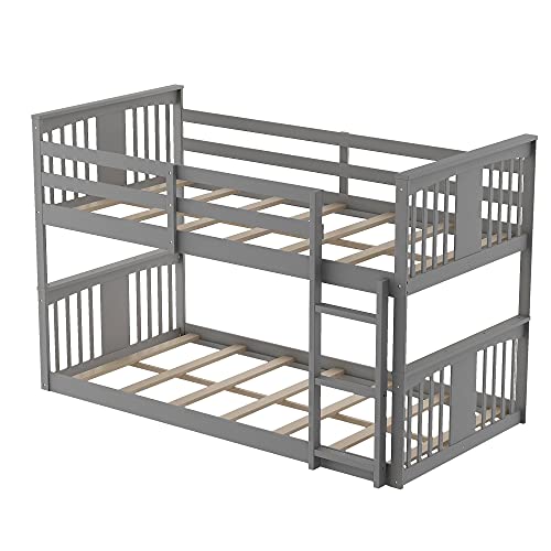 White Twin Over Twin Low Wooden Bunk Bed with Ladder H67796