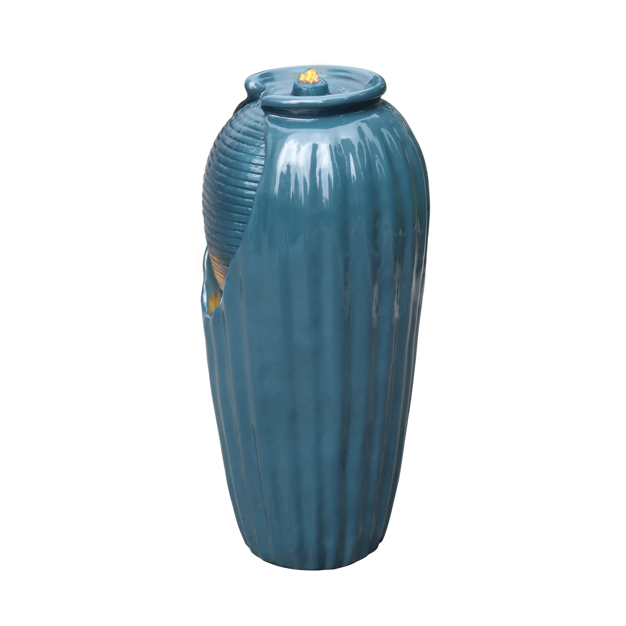 Blue Glazed Contoured Vase Water Fountain with LED Lights U500