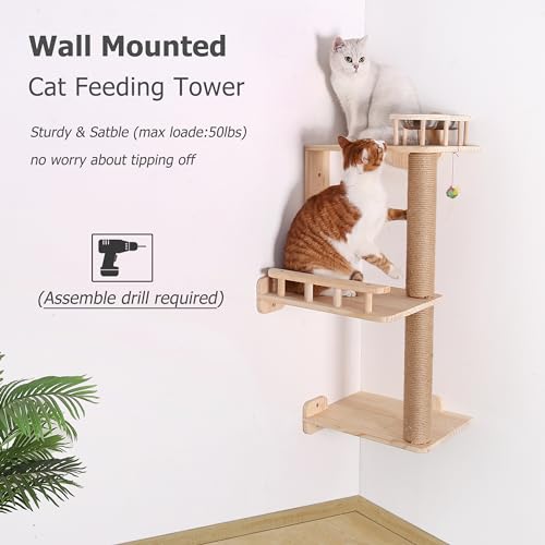 3 Levels 36" Wood Cat Wall Shelf with Feeder P78764