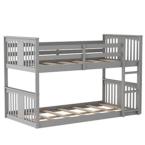 White Twin Over Twin Low Wooden Bunk Bed with Ladder H67796