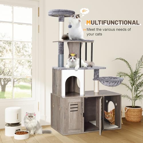 White 58.66’’ Wood Cat Tree with Litter Box Enclosure I809