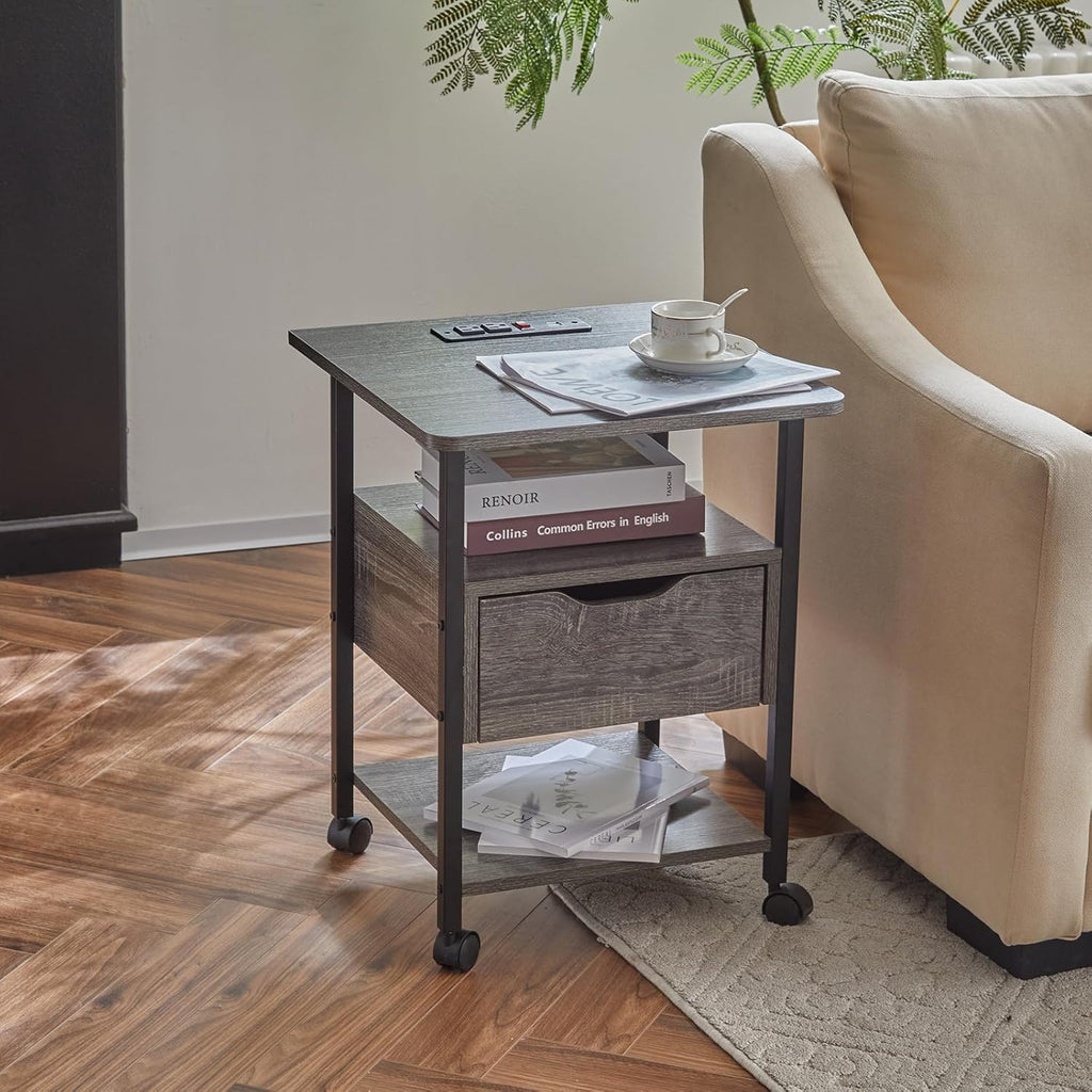 Grey Set of 2 Nightstand with Drawer and Charging Station V509