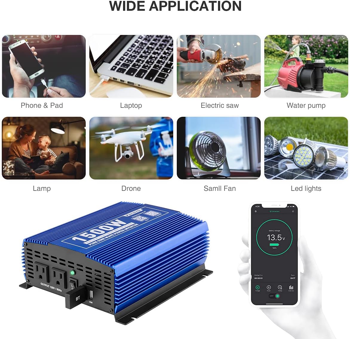 1500W Pure Sine Wave Power Inverter 12V DC to 110V AC Car Inverter with Bluetooth and 2AC Outlets & USB Port L78693