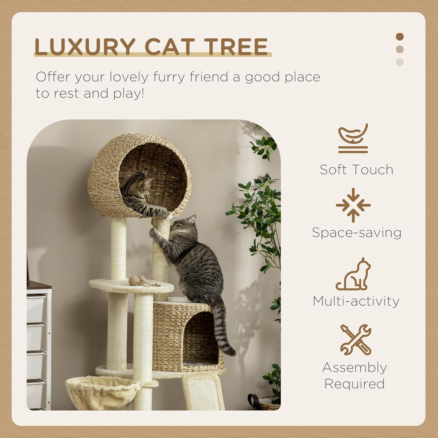Beige Cat Tree with Cat Condo, Hammock, Perches, Scratching Posts, Ramp F632