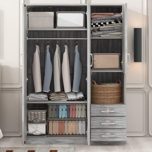 Grey Wooden Armoire Wardrobe with 6-Tier Shelves and 3 Drawers D33340