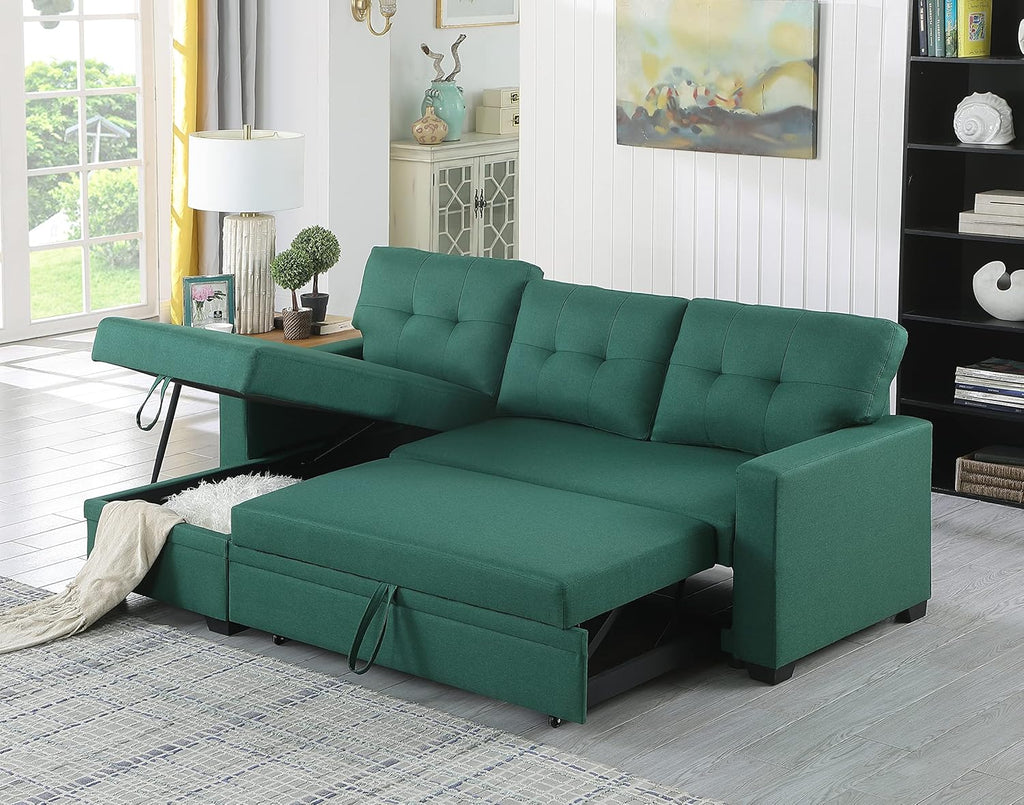 Green Upholstered Pull out Sectional Sofa with Chaise I391659