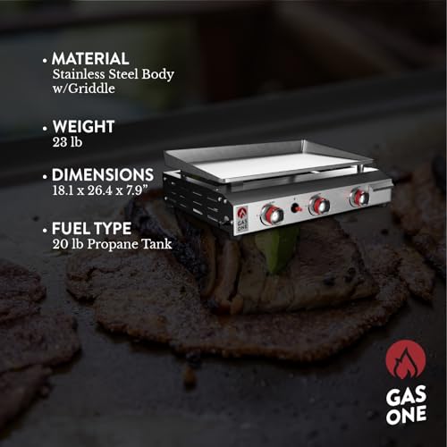 26 In Flat Top Gas Grill with 3 Burners – Stainless Steel Tabletop with Pre Season Griddle F304208