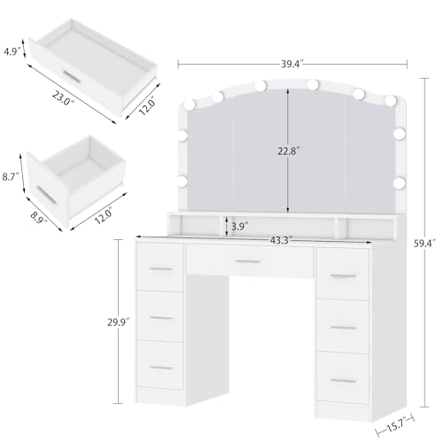 White 43.3" Vanity Desk with Lighted Mirror and 7 Drawers J9360