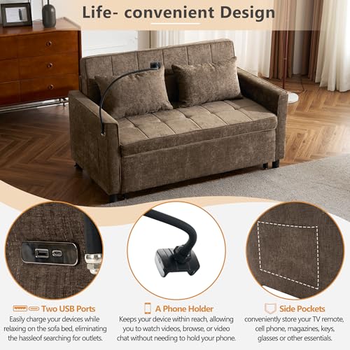 3 in 1 Convertible Sleeper Sofa Bed Futon Couch with USB Ports Brown V133023