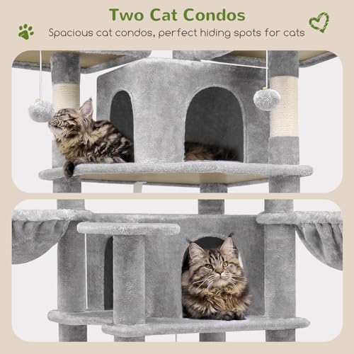 Light Grey 80inch Cat Tree with Scratching Post, Hammock, 3 Perches, 2 Condos, 2 Hanging Basket B841506