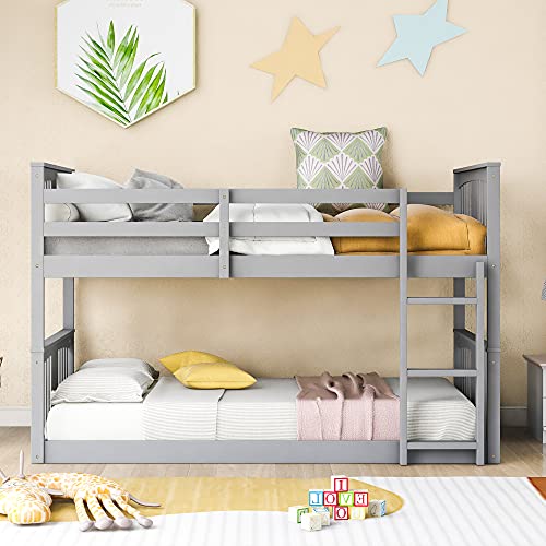 White Twin Over Twin Low Wooden Bunk Bed with Ladder H67796