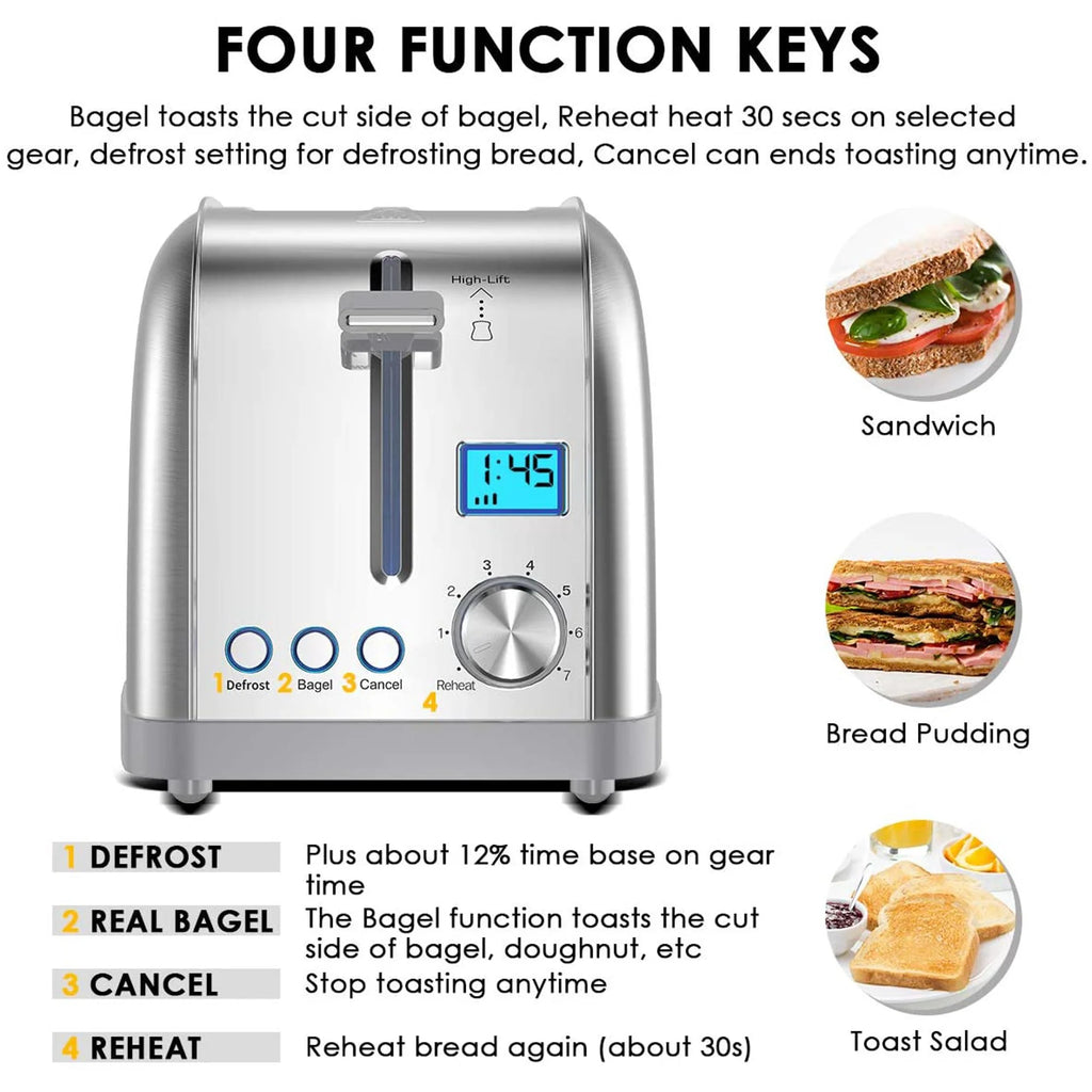 2 Slice Stainless Steel Toaster with LCD Display N4841