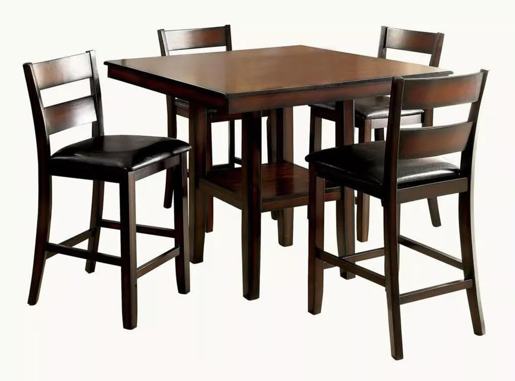Brown Cherry Wooden Counter Height Dining Table with 4 High Chairs and Shelves P73375