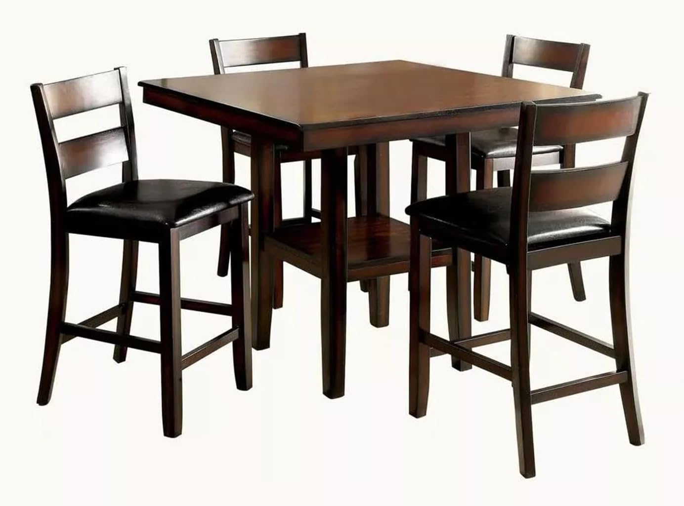 Brown Cherry Wooden Counter Height Dining Table with 4 High Chairs and Shelves P73375