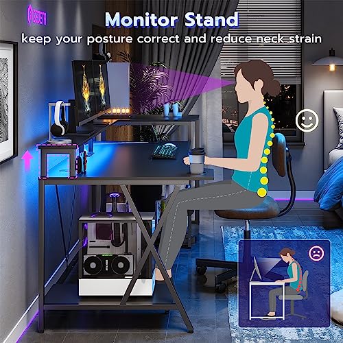 Black Gaming Desk with LED Lights and Storage Shelves E692046