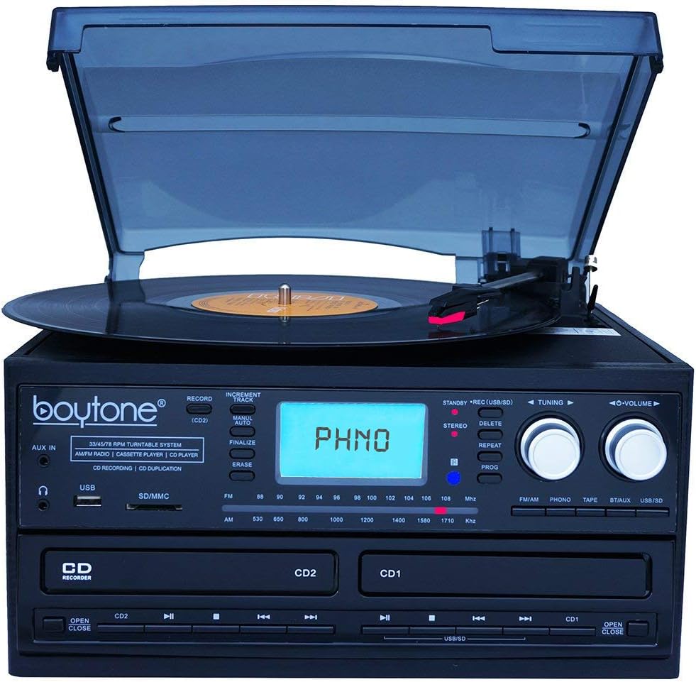 Bluetooth Dual CD Player Turntable Record Player with AM/FM Radio, Cassette Player, USB, AUX U85549