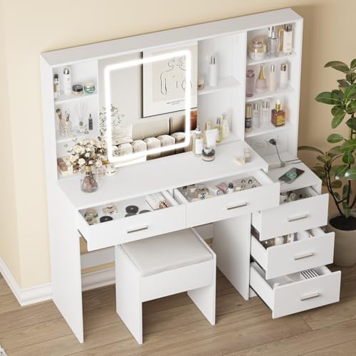 White Vanity Desk with Mirror and Lights 5 Drawers with Chair Y602