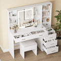 White Vanity Desk with Mirror and Lights 5 Drawers with Chair Y602