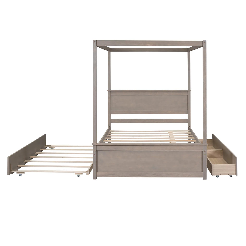 Light Brown Full Size Wood Canopy Platform Bed with 2 Drawers and Trundle F5333