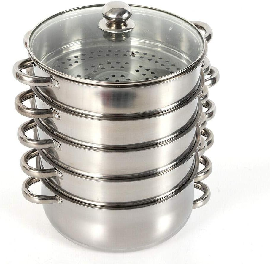 5 Tier Stainless Steel Steamer Pot with Tempered Glass Lid J400997