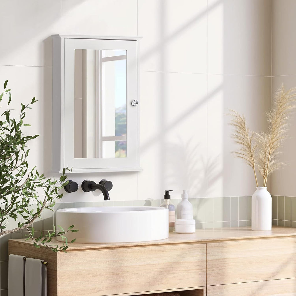White Wall Mounted Wooden Medicine Cabinet with Single Mirror Door & Adjustable Shelves Y62051