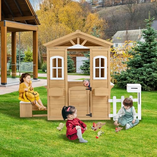 Wooden Playhouse with Window, Mailbox, Picnic Bench, Fenced, 39" x 38" x 55.5" C423489