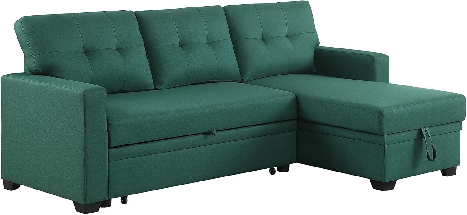 Green Upholstered Pull out Sectional Sofa with Chaise I391659