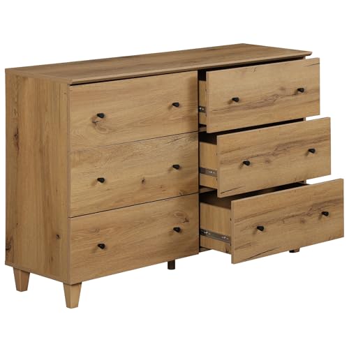 Oak Brown 6 Drawer TV Stand with 1 End Table 2 Drawers Charging Station 2 Pieces Wood Furniture Set H7531