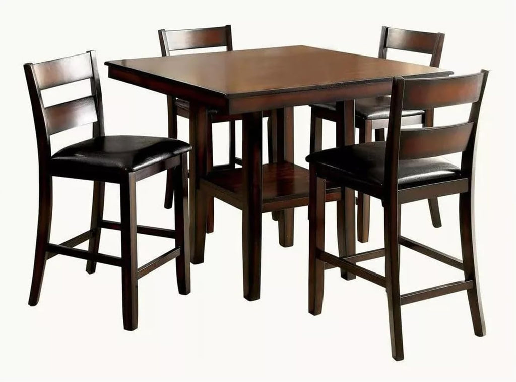 Brown Cherry Wooden Counter Height Dining Table with 4 High Chairs and Shelves P73375