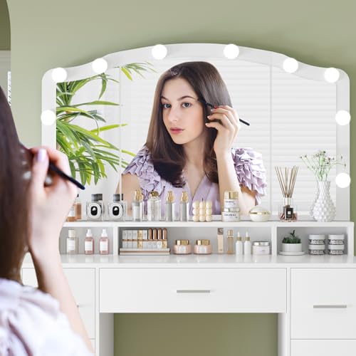 White 43.3" Vanity Desk with Lighted Mirror and 7 Drawers J9360