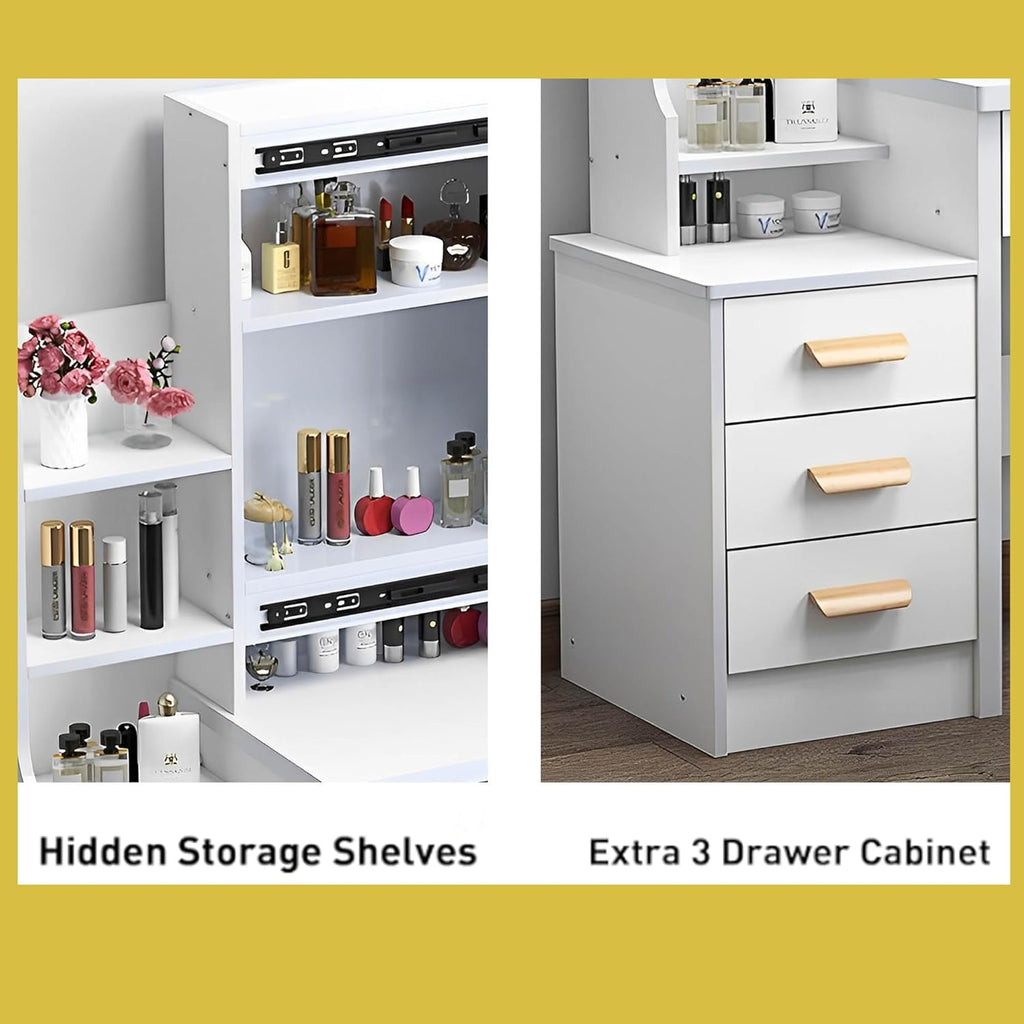 White Vanity Desk with Mirror and Lights, Drawers and Shelves, 3 Color Lighting Adjustable, Stool B354867
