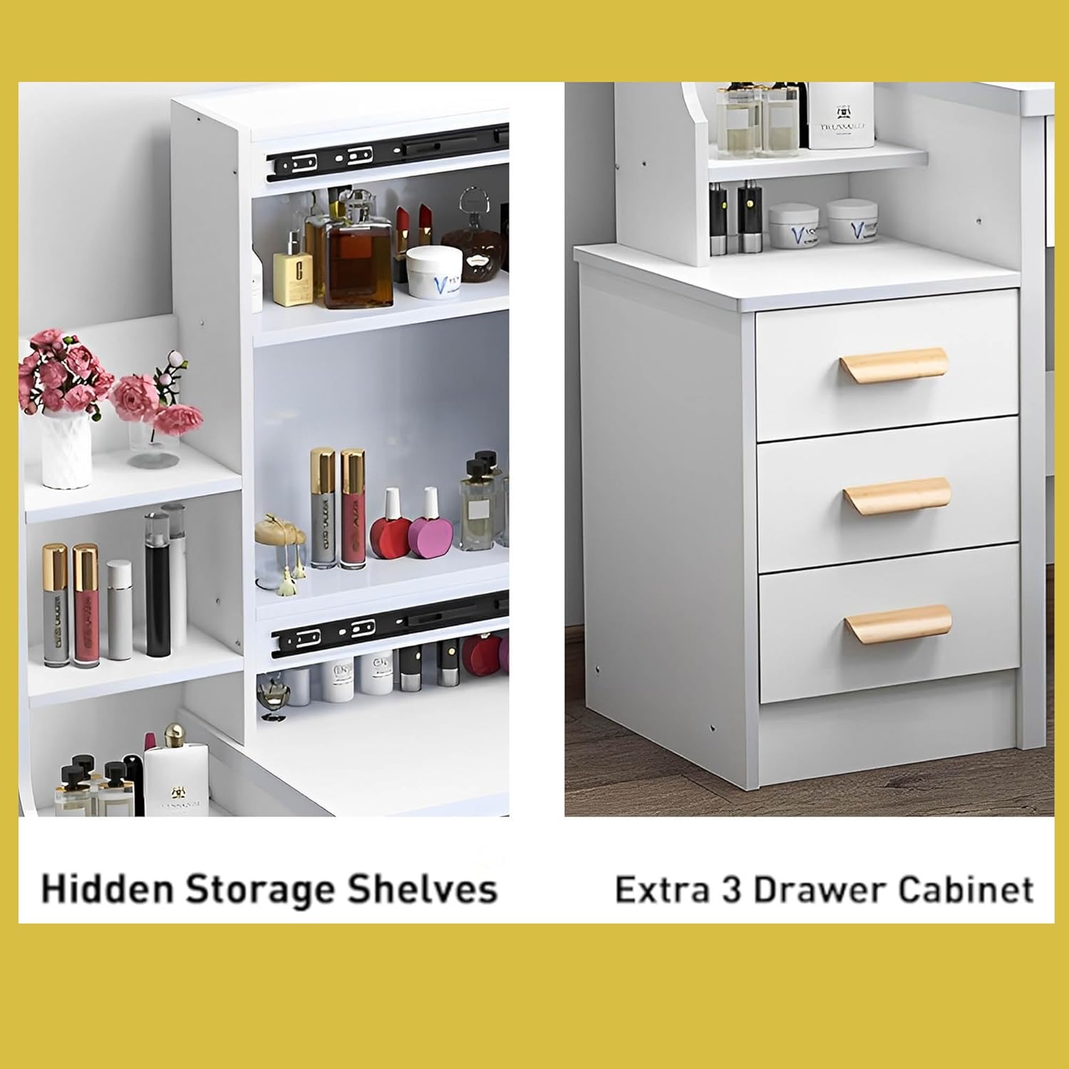 White Vanity Desk with Mirror and Lights, Drawers and Shelves, 3 Color Lighting Adjustable, Stool B354867