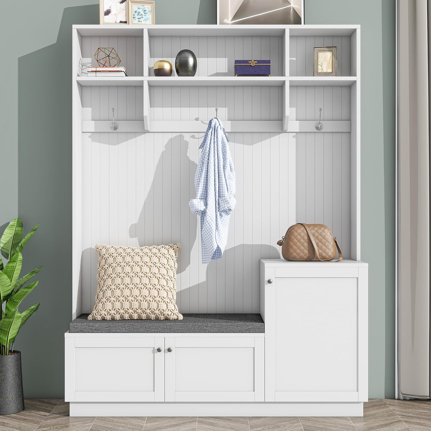 White Hall Tree with Cushion Bench and Shoe Storage J53576