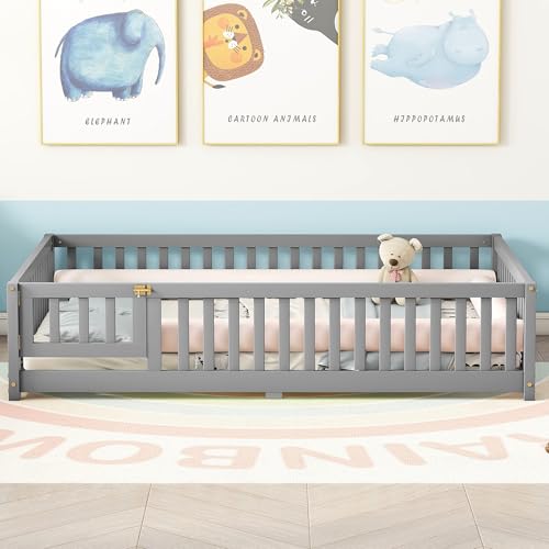 Gray Solid Wooden Kid Toddler Floor Bed with Safety Fence and Door U750537