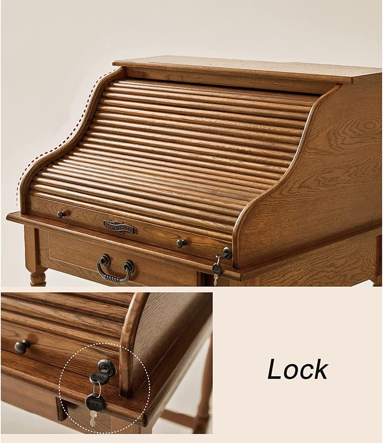 Oak Wood Vanity Desk with Pull-Out Hidden Mirror and Charging Port H2962