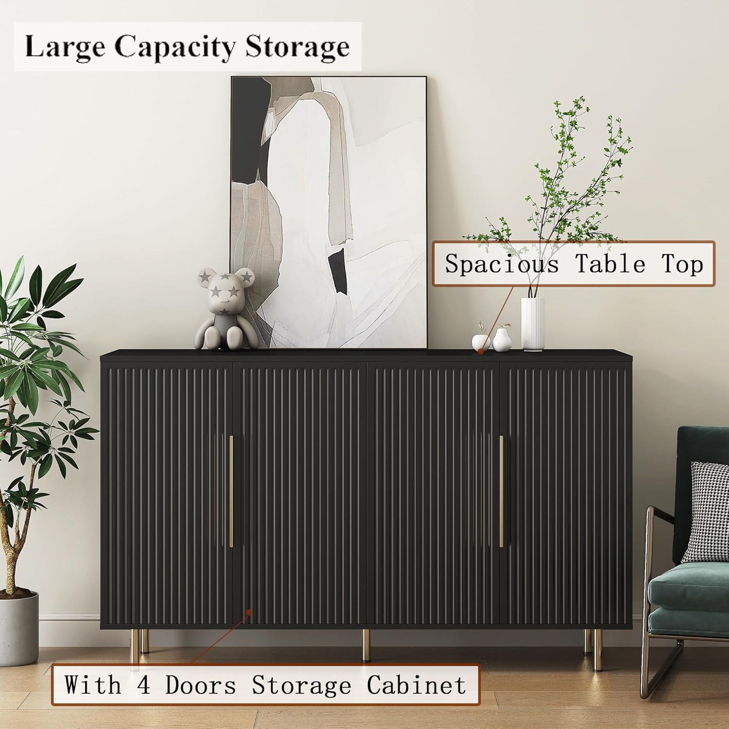 Black Storage Cabinet with 4 Doors and Adjustable Shelf Z419858